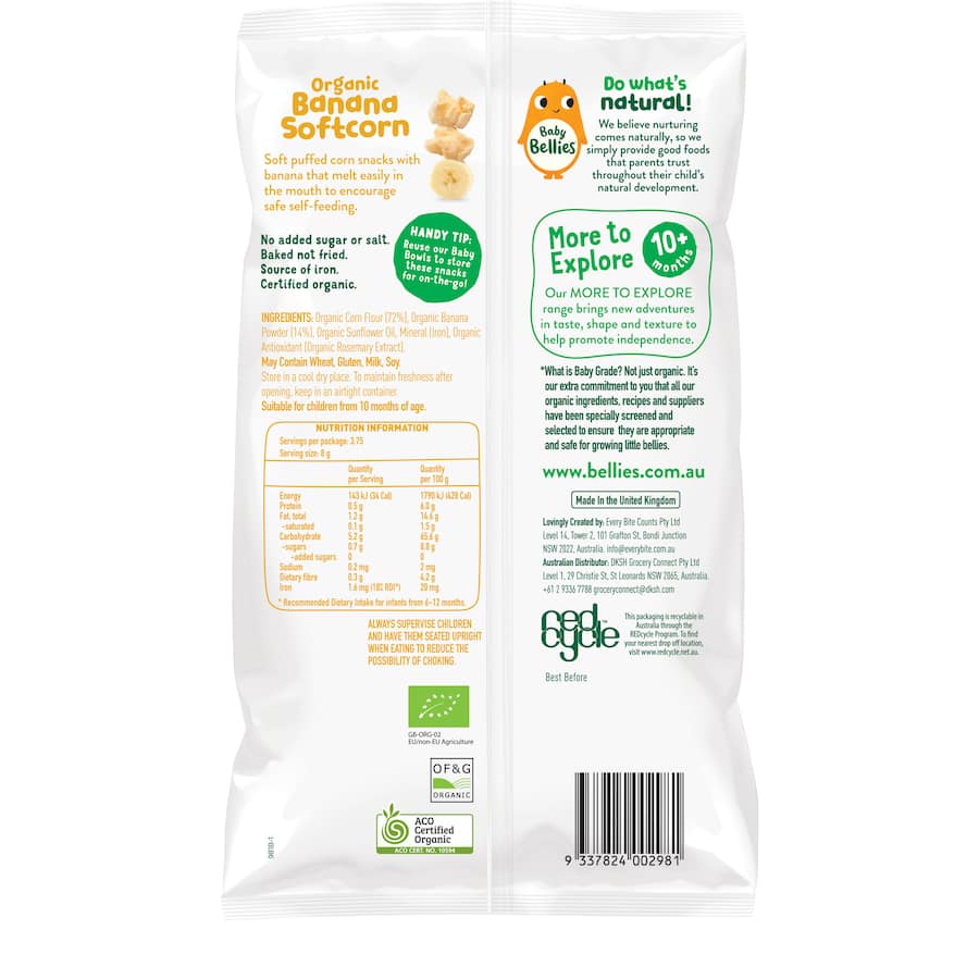 Baby Bellies Organic Baby Snacks Banana Softcorn 10+ Months 30g