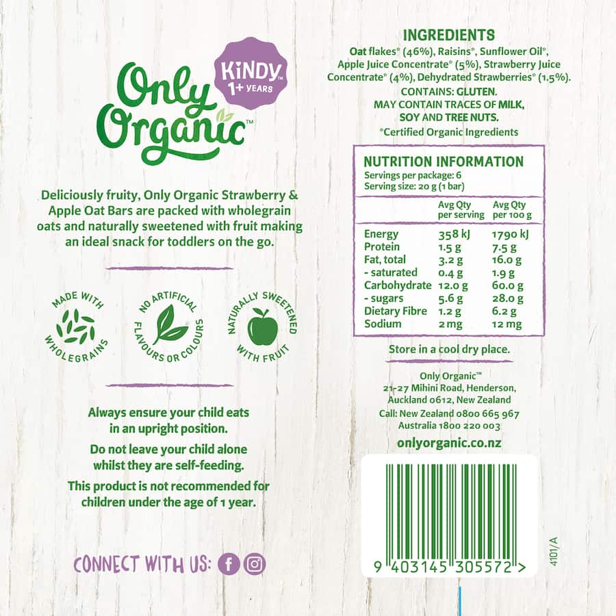 Only Organic Kindy Oat Bars Strawberry & Apple 120g