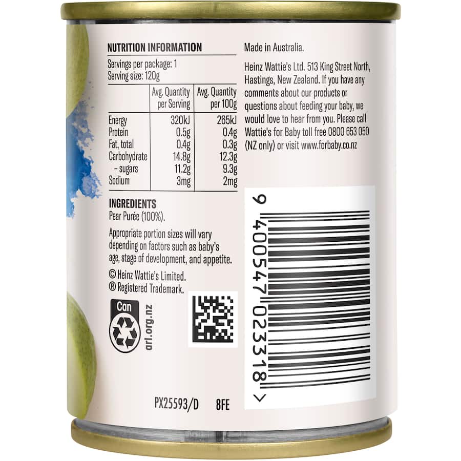 Watties Baby Food Pears Stage 1 4-6+ Months 120g
