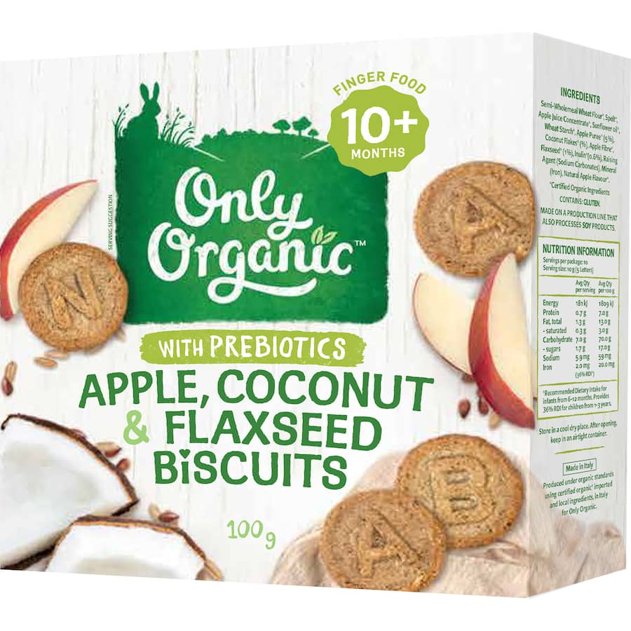 Only Organic Baby Snacks 10+ Months Apple Coconut Flaxseed Biscuit 100g