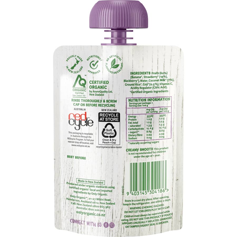 Only Organic Kindy Kids Meal Strawberry Goji Smoothie Pouch 100g