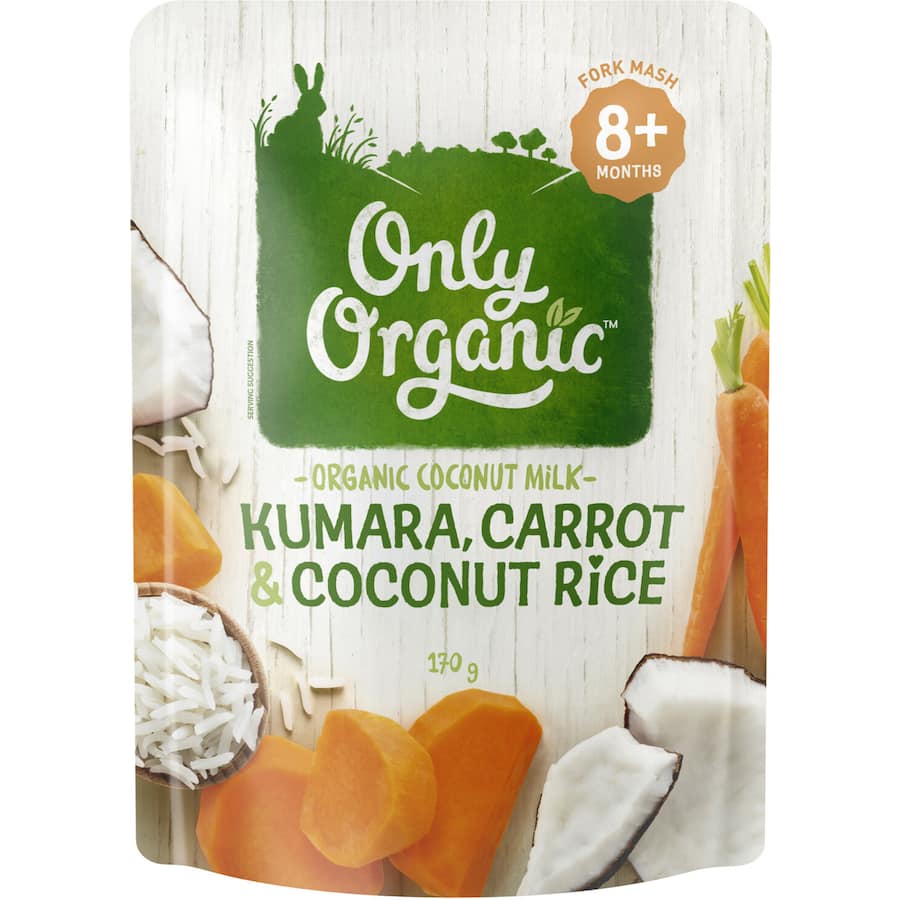 Only Organic Stage 3 Baby Food Kumara Carrot & Coconut Rice Squeeze pouch 170g