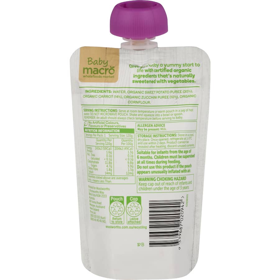 Macro Organic Baby Food 6+ Months Sweet Potato, Carrot, Zucchini Pouch 120g