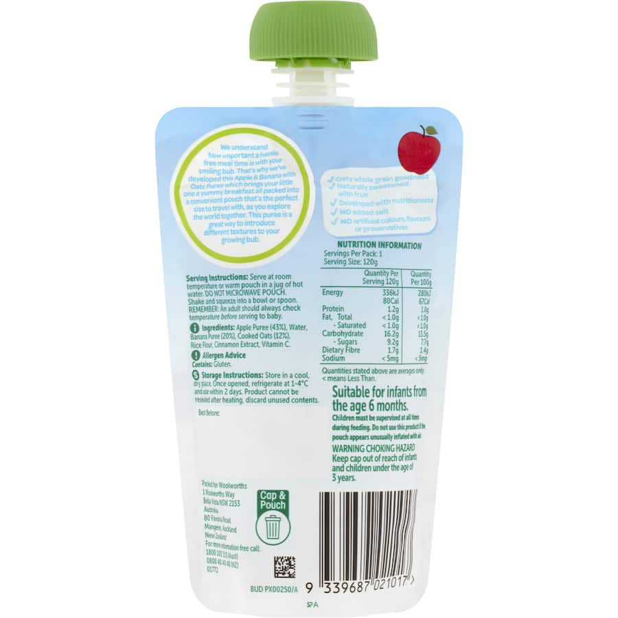 Woolworths Smiling Tums Baby Food Apple & Banana With Oats 6 months + 120g