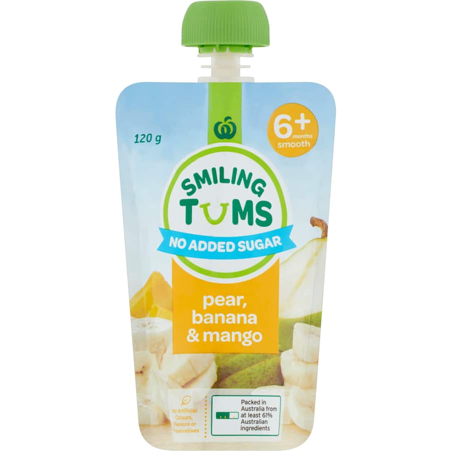 Woolworths Smiling Tums Baby Food Pear, Banana & Mango 6 months + 120g