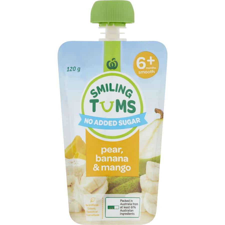 Woolworths Smiling Tums Baby Food Pear, Banana & Mango 6 months + 120g
