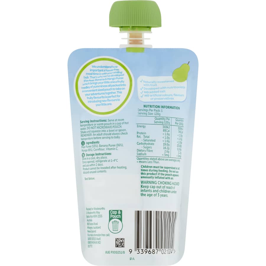 Woolworths Smiling Tums Baby Food Pear, Banana & Mango 6 months + 120g