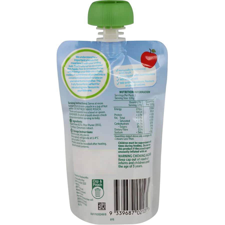 Woolworths Smiling Tums Baby Food Apple, Pear & Cinnamon 6 months + 120g