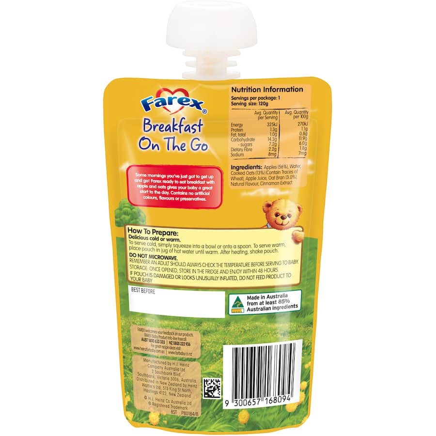 Farex Breakfast On The Go Baby Food Apple Oatmeal 6month Pouch 120g