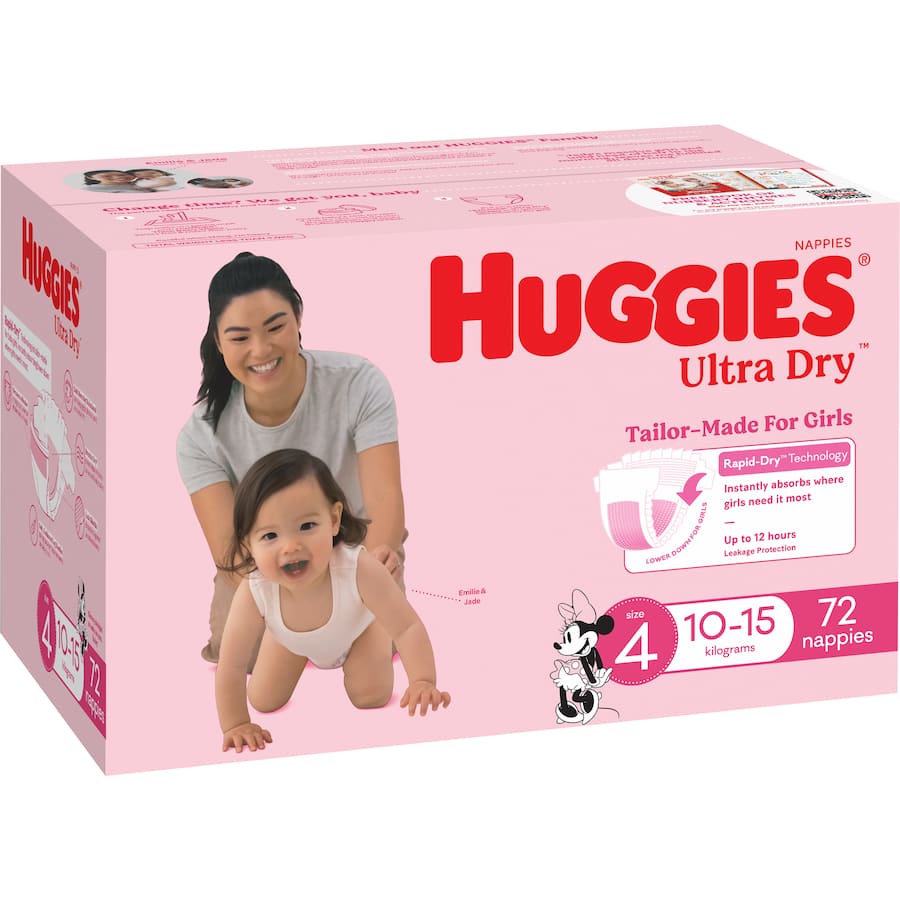Huggies Ultra Dry Nappies Girls Size 4 (10-15kg) Jumbo pack 72pack