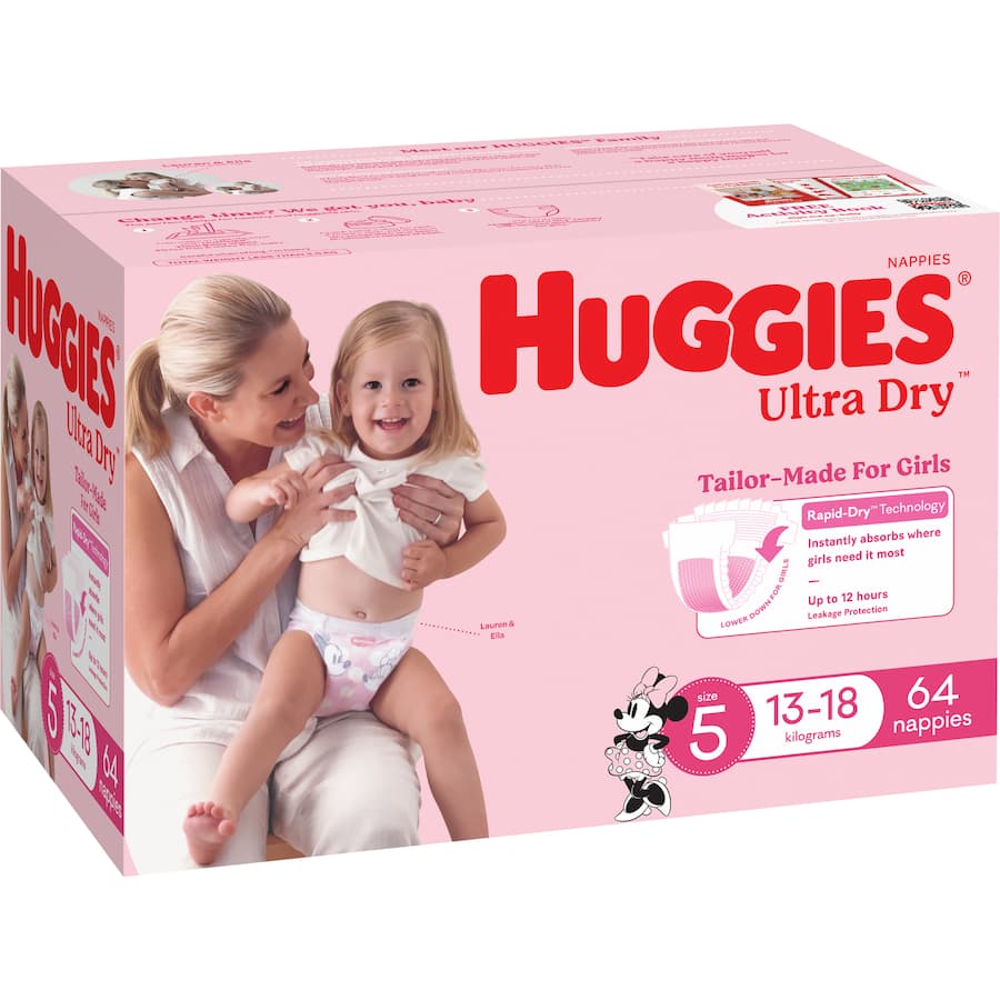 Huggies Ultra Dry Nappies Girls Size 5 (13-18kg) Jumbo pack 64pack