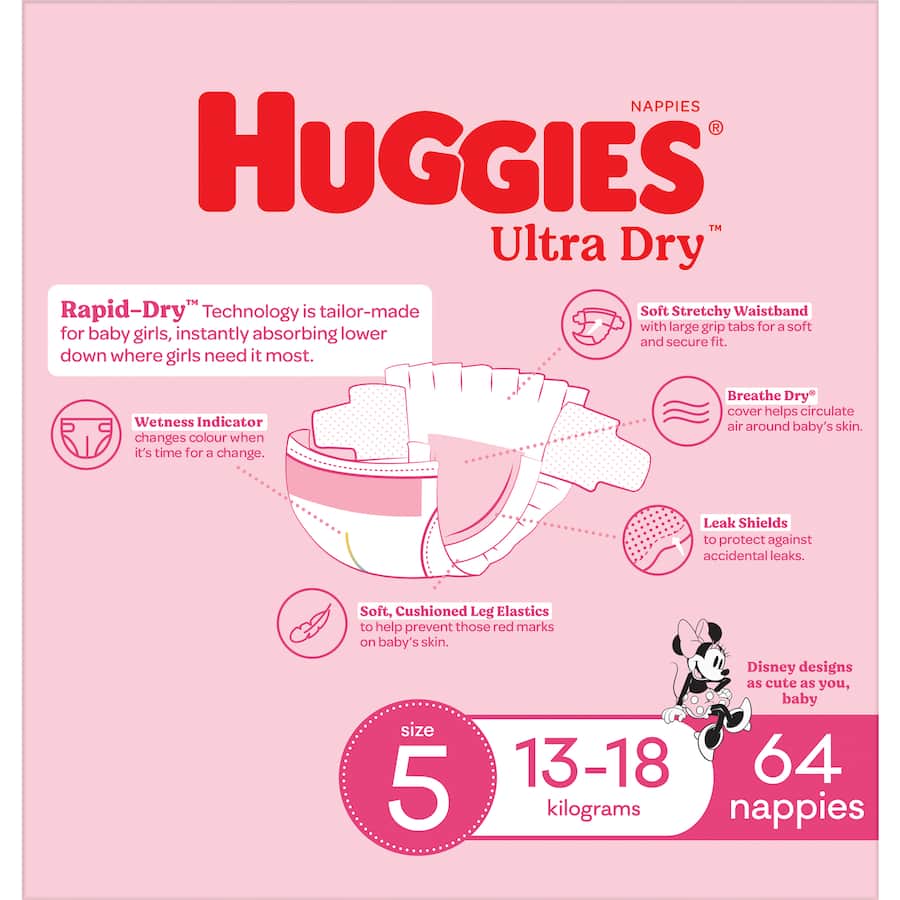 Huggies Ultra Dry Nappies Girls Size 5 (13-18kg) Jumbo pack 64pack