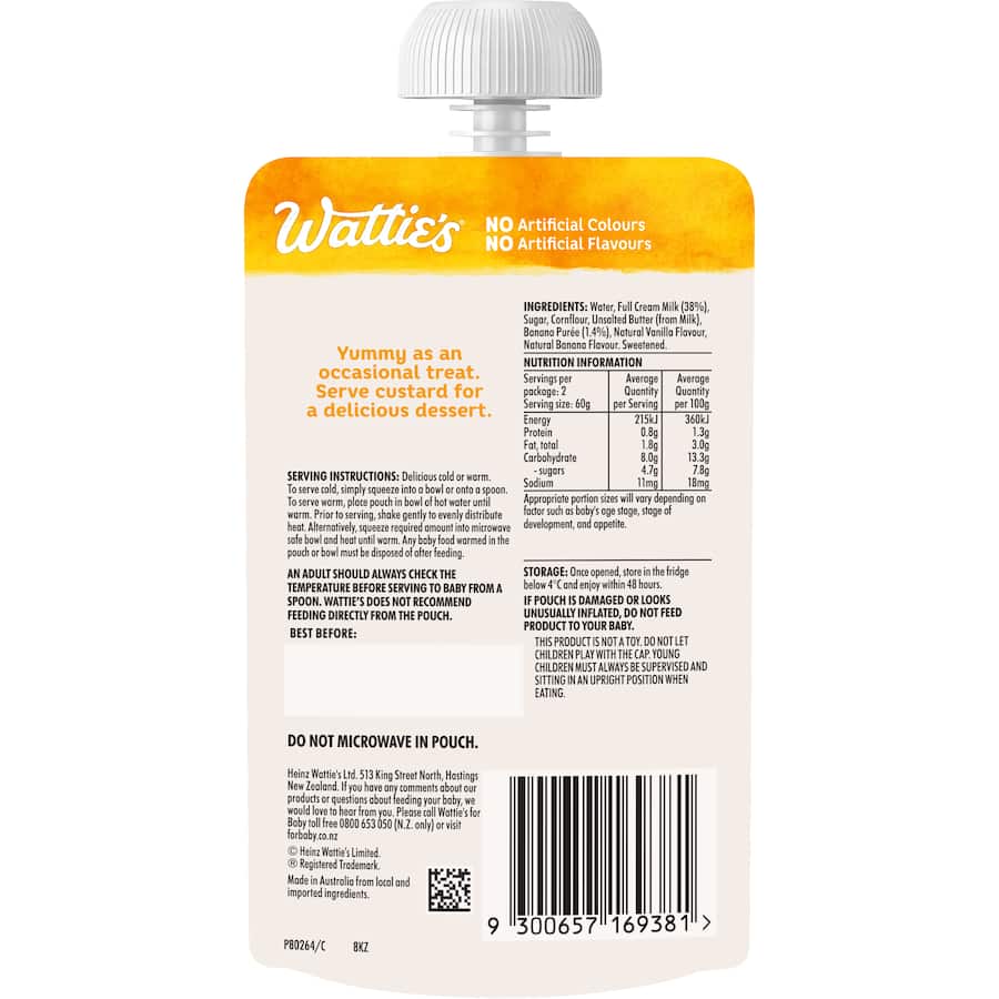 Wattie's Baby Food 6+ Months Creamy Custard With Bananas Pouch 120g