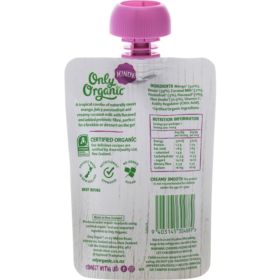 Only Organic Kindy Baby Food Mango Ban Pasnft Conut Flax Pouch 100g