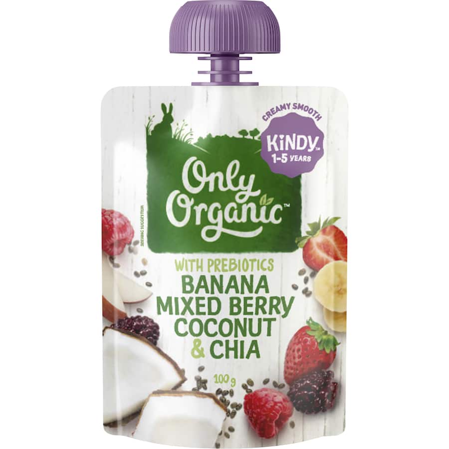 Only Organic Kindy Toddler Food Banana Mxd Berry Coconut Chia Pouch 100g