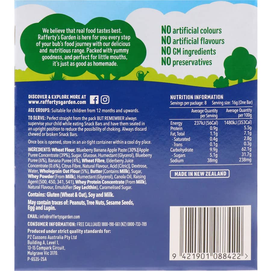 Rafferty's Garden Baby Snacks 12+ Months Blueberry Banana Apple Bars 8pack