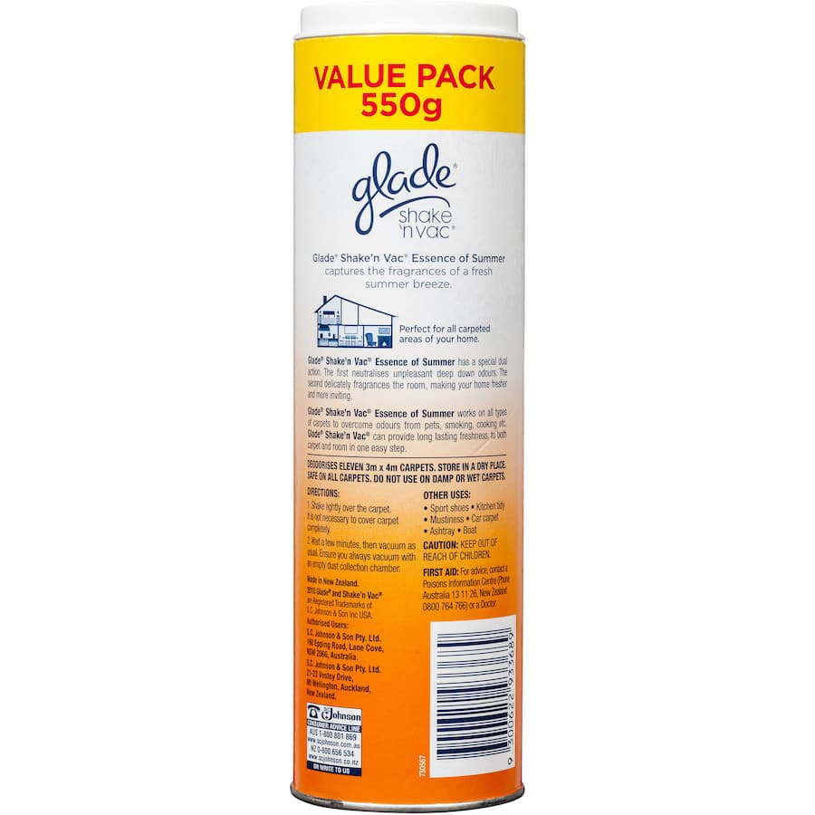 Glade Shake N Vac Carpet Care Deodoriser Summer Ess Powder Shaker 550g