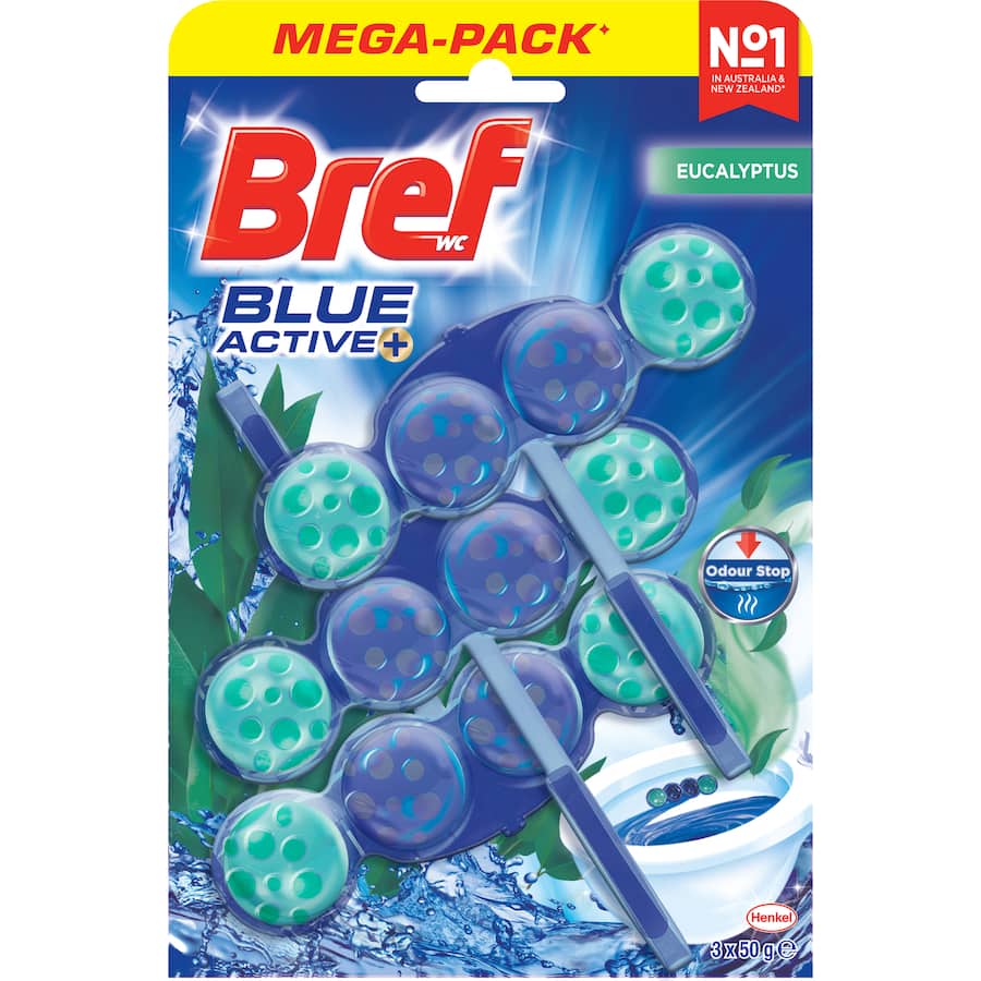 Bref Blue Active Toilet Flush Rim Block Eucalyptus 50g each 3pack