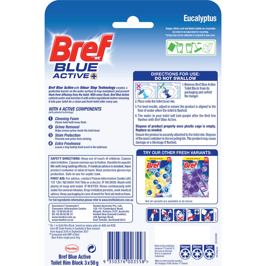 Bref Blue Active Toilet Flush Rim Block Eucalyptus 50g each 3pack