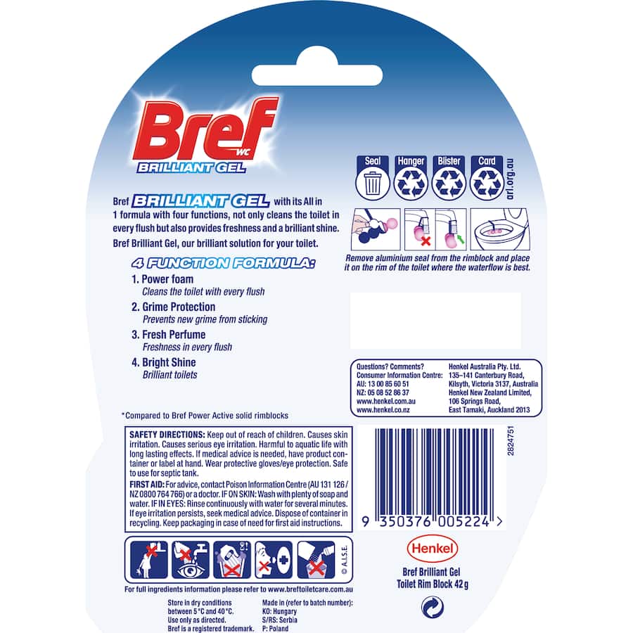 Bref Brilliant Gel Toilet Flush Rim Block Spring Rain 42g