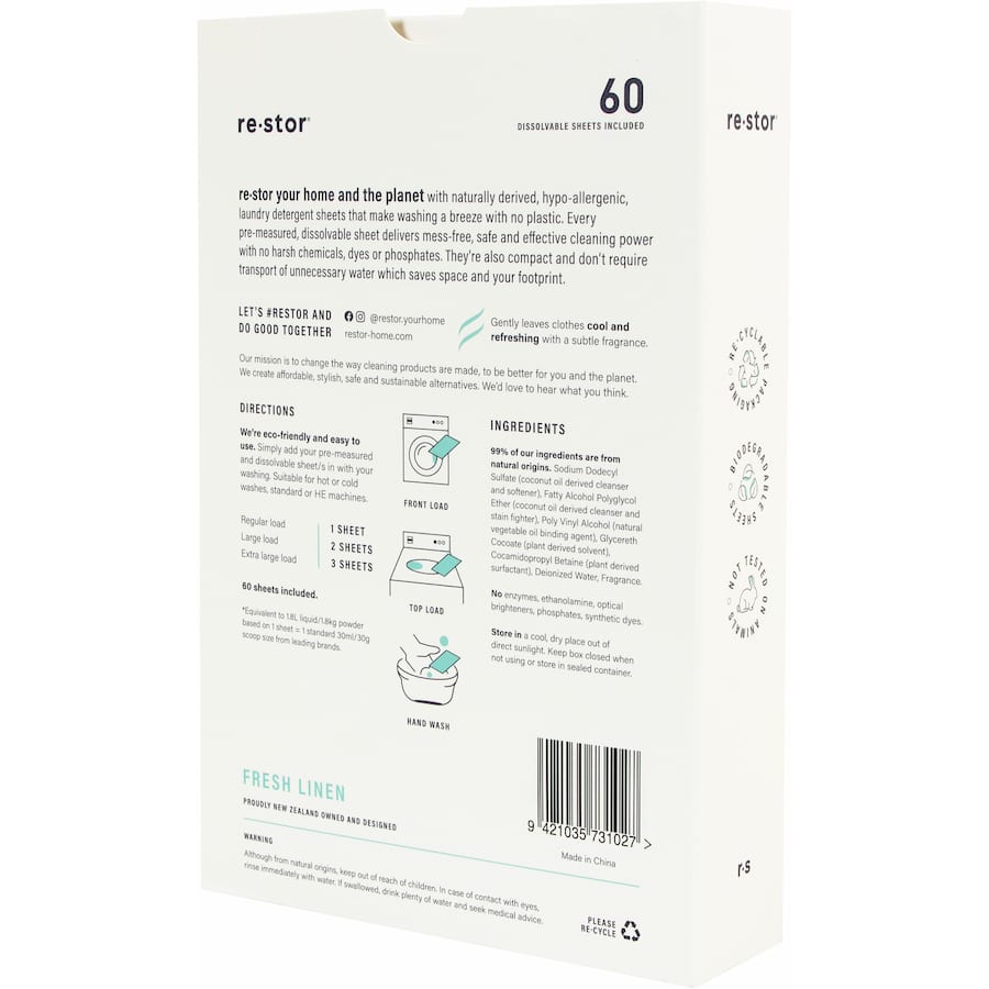 Restor Concentrated Laundry Detergent Sheets Fresh Linen 60pack