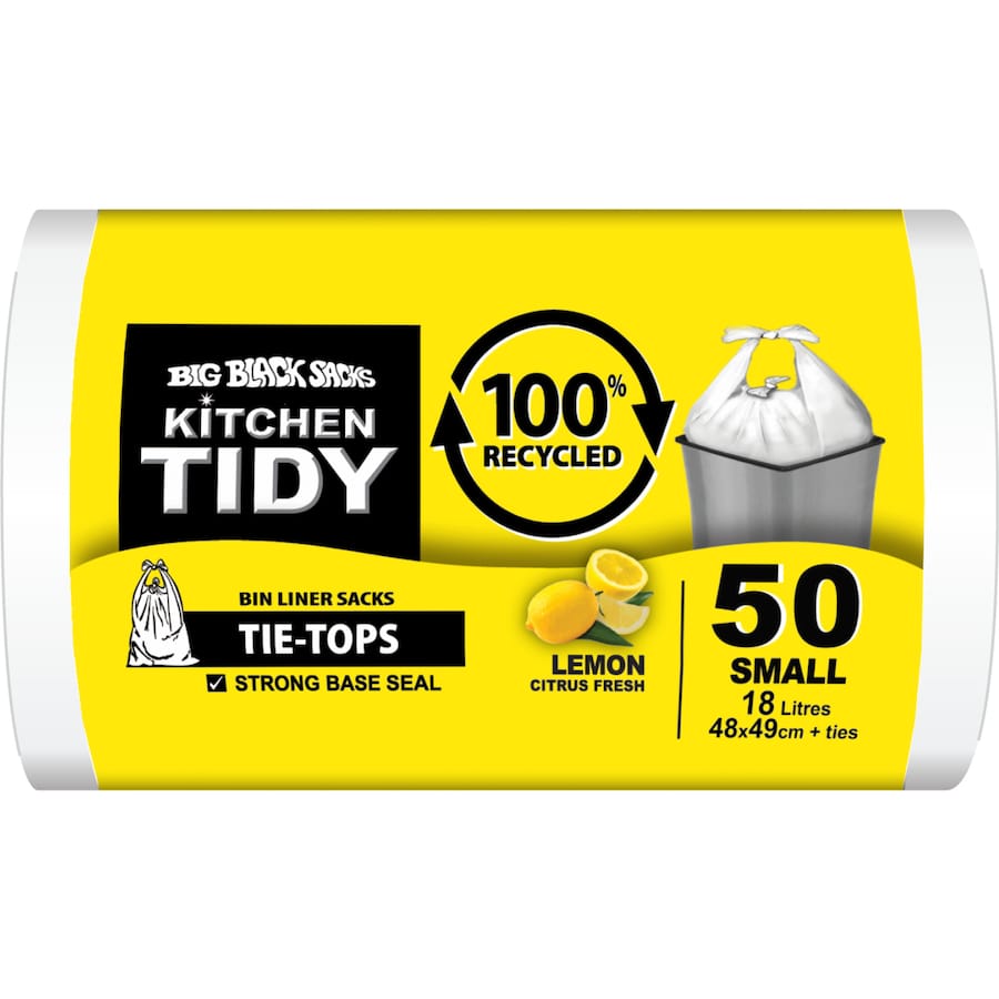 Big Black Sacks Kitchen Tidy Liners 100% Recycled Lemon White Smll 50pack