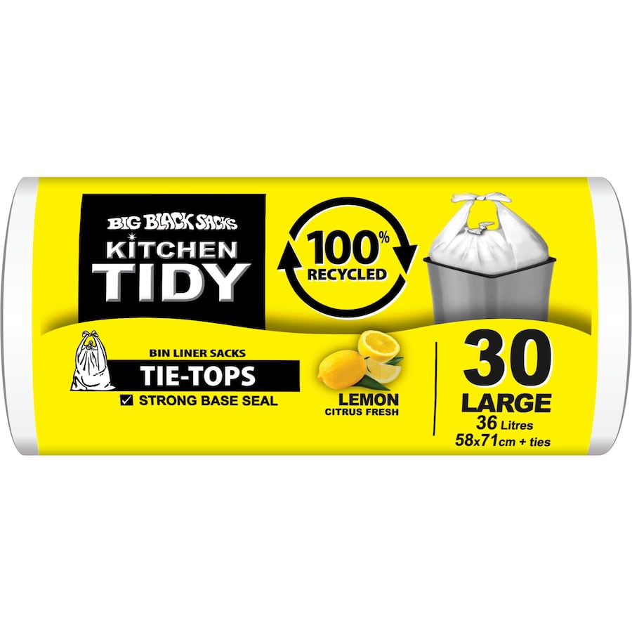 Big Black Sacks Kitchen Tidy Liners 100% Recycle Lemon White Large 30pack