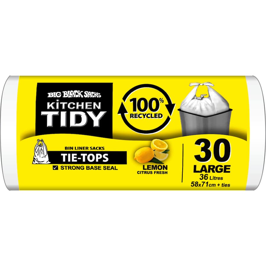 Big Black Sacks Kitchen Tidy Liners 100% Recycle Lemon White Large 30pack