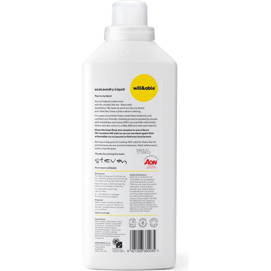 Will & Able Eco Laundry Liquid Jasmin & Bergamot 1L