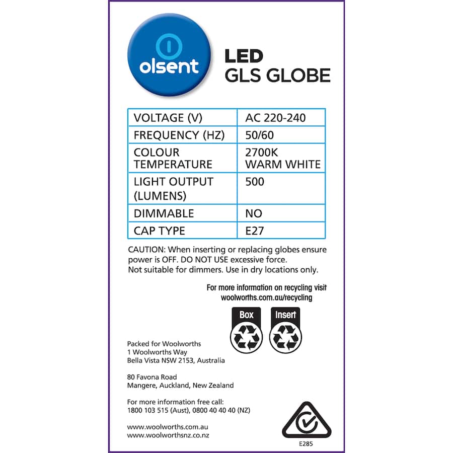 Olsent Led Light Bulb Gls Screw 6w 500lm Ww 1pack