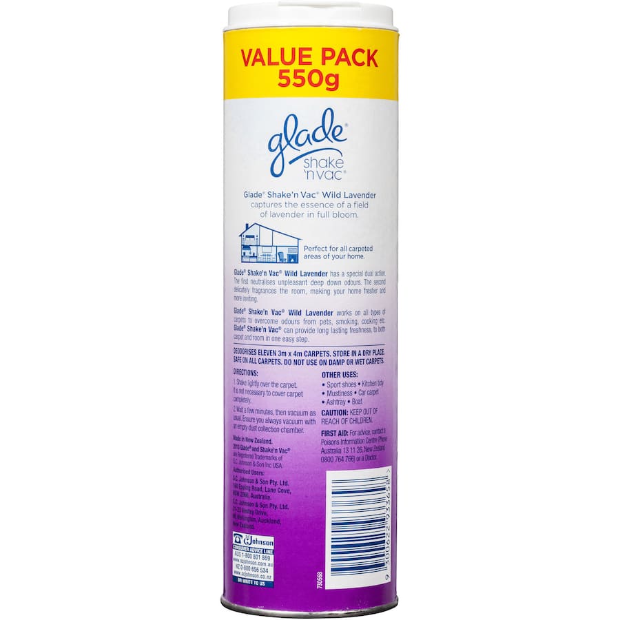 Glade Shake N Vac Carpet Care Deodoriser Wild Lavendr Powder Shaker 550g