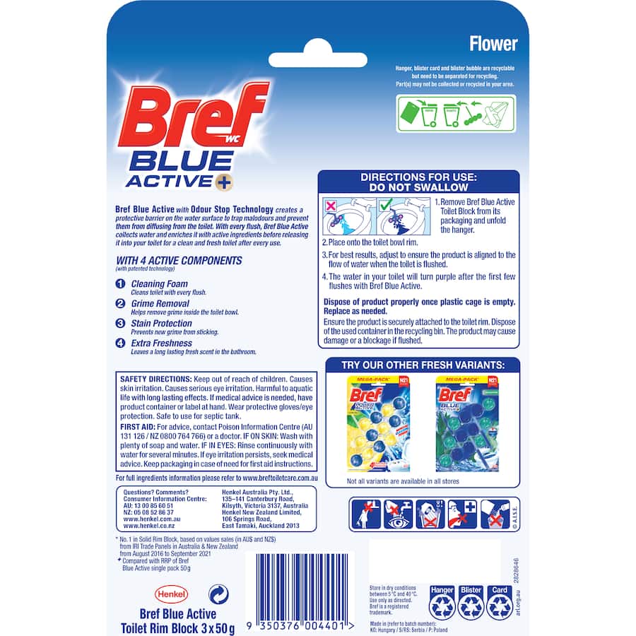 Bref Blue Active Toilet Flush Flower Blossom 50g each 3pack