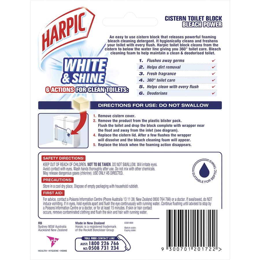 Harpic Toilet Cleaner White & Shine Bleach In Cistern Block 2 pack 100g