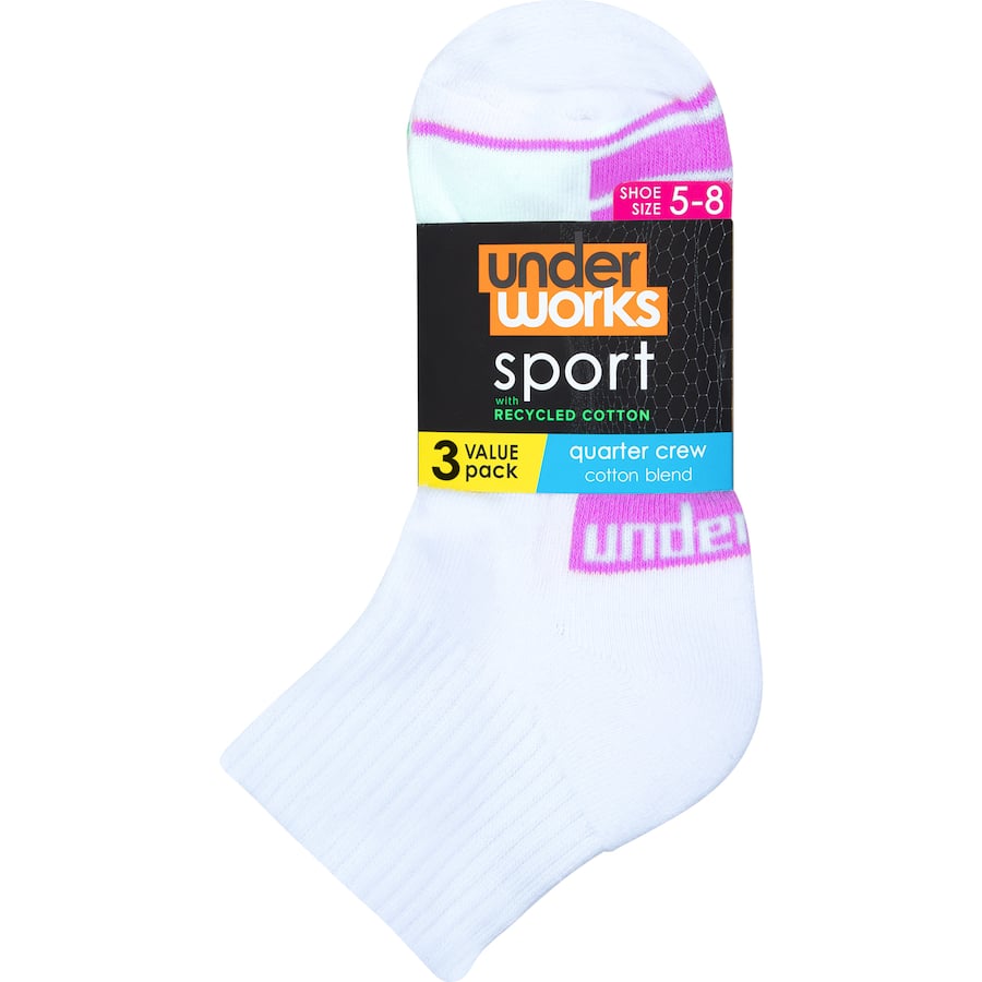 Underworks Ladies Socks Sport Qtr Crew Size 5-8 3pack