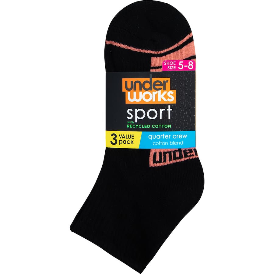 Underworks Ladies Socks Sports Quarter Crew Black Size 5-8 3pr