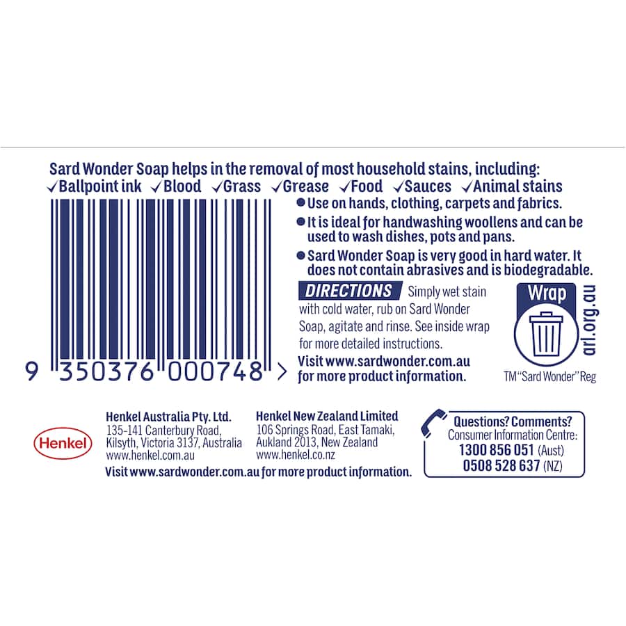 Sard Wonder Laundry Soap Stain Remover Eucalyptus Bar 125g