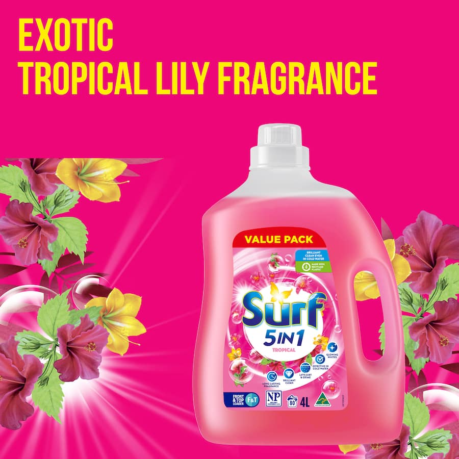 Surf Liquid Washing Detergent Tropical 80 Washes Bottle 4L
