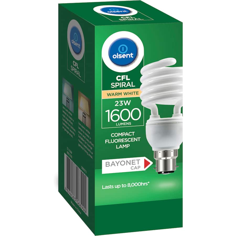 Olsent Bayonet Light Bulb Cfl Spiral 23w Ww 1pack