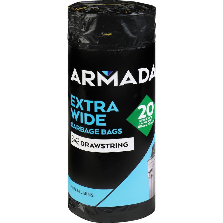 Armada Rubbish Bags 56l Extra Wide Drawstring Roll 20pack