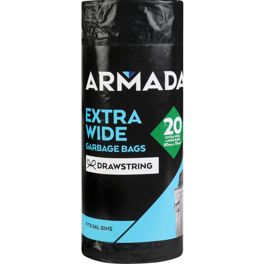 Armada Rubbish Bags 56l Extra Wide Drawstring Roll 20pack