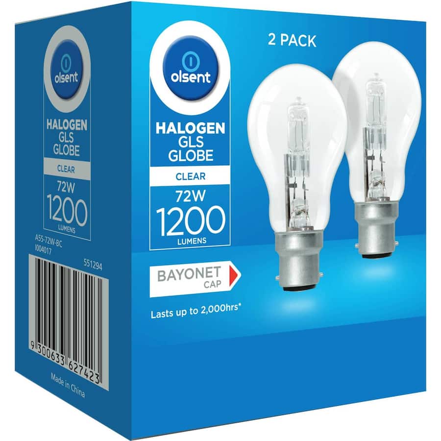 Olsent Halogen Round Bulb Bayonet 72w Clear 2pack