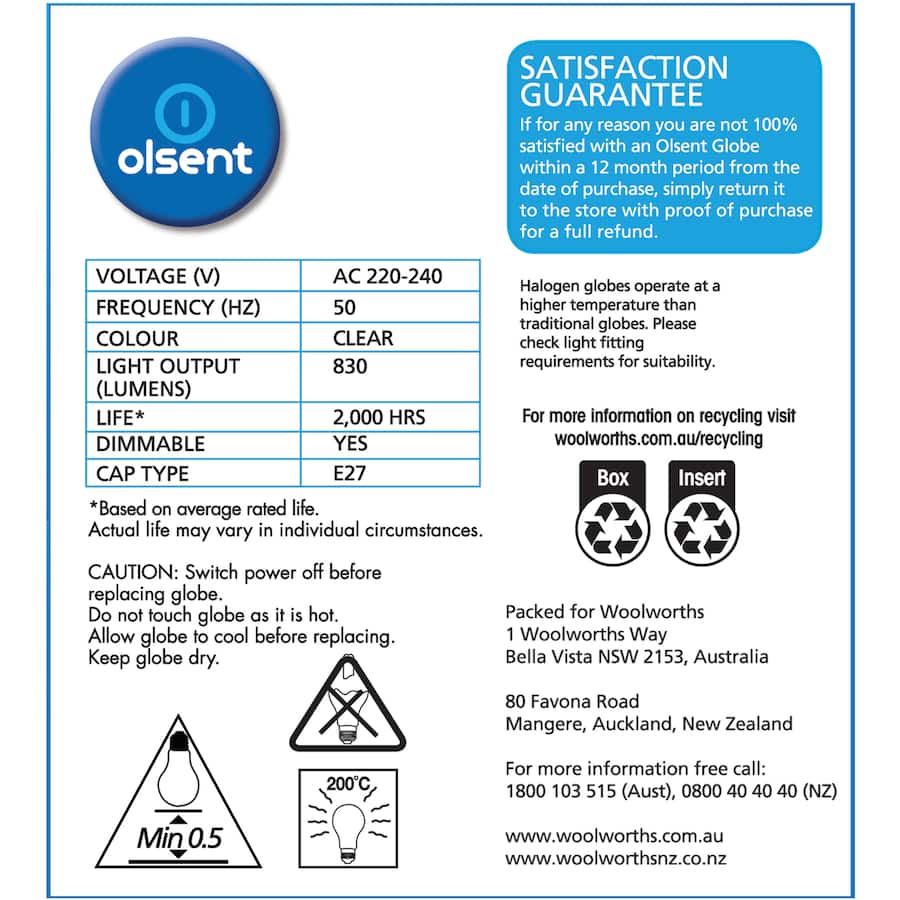 Olsent Halogen Round Bulb Screw 53w Clear 2pack