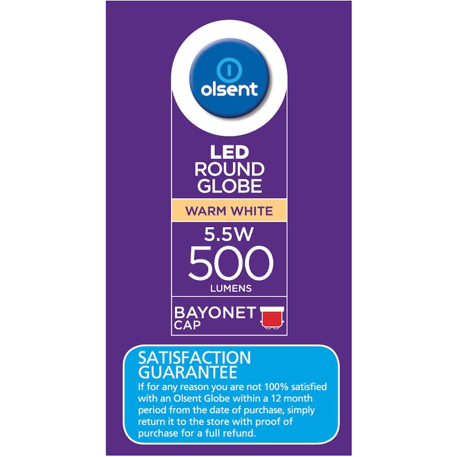 Olsent Led Light Bulb Round Bayonet 5.5w 500lm 1pack