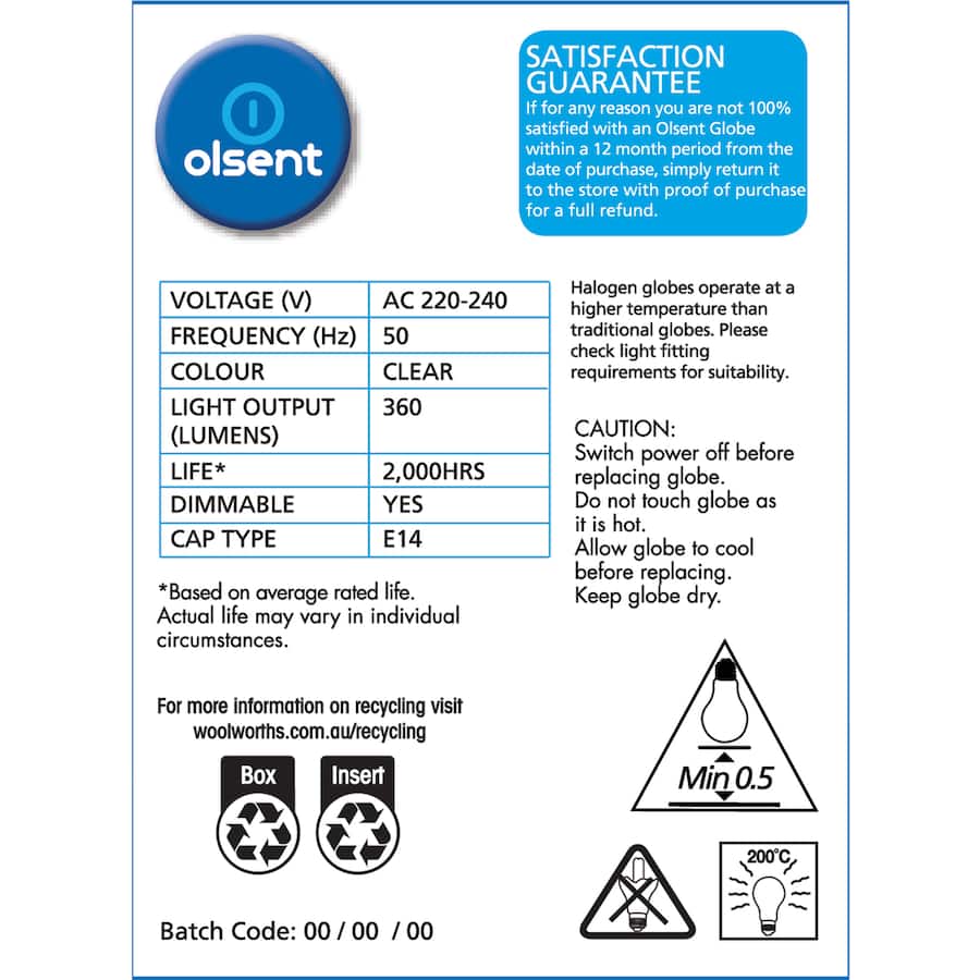Olsent Halogen Candle Bulb Screw Clear 28w 2pack