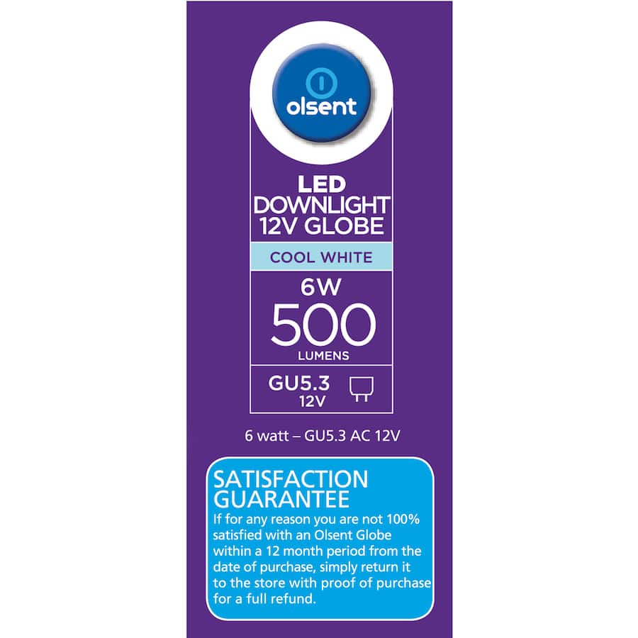 Olsent Down Light Bulb Led Gu5.3 12v6w 500lm Cw 2pack