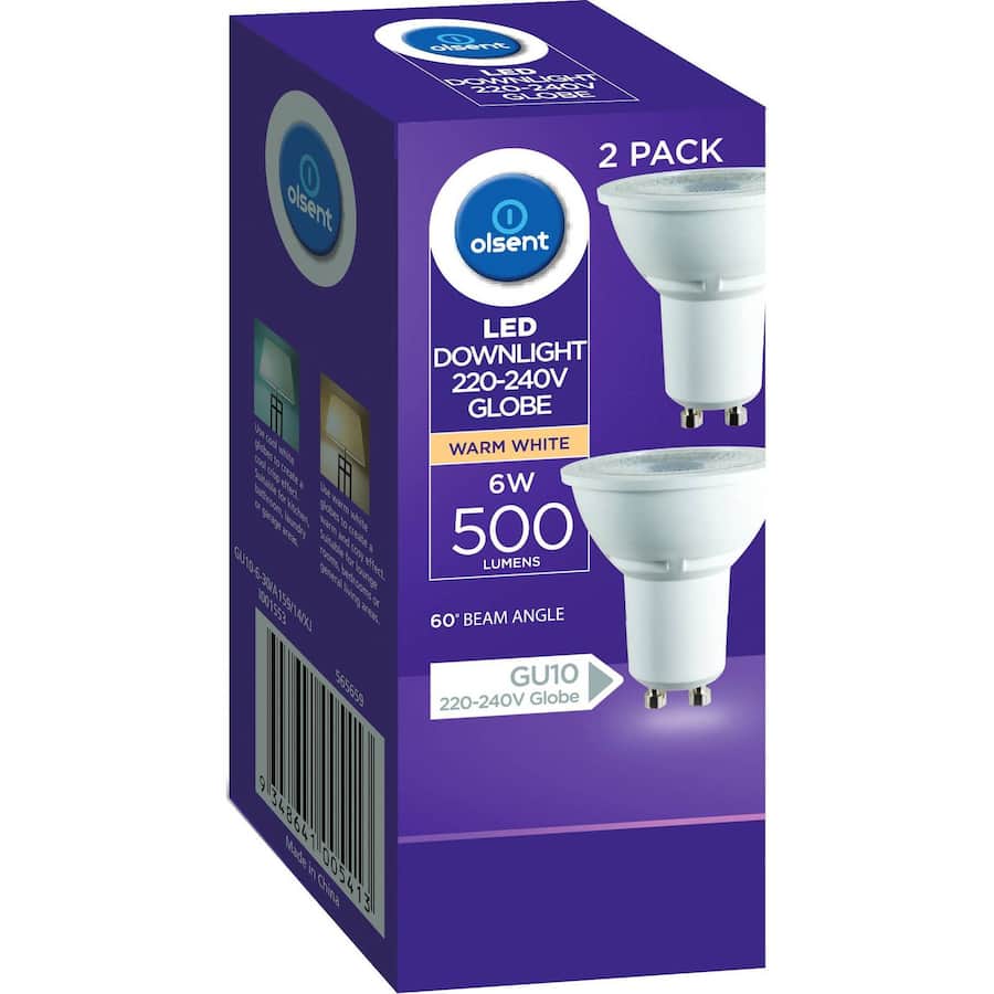 Olsent Down Light Bulb Led Gu10 240v6w 500lm Ww 2pack