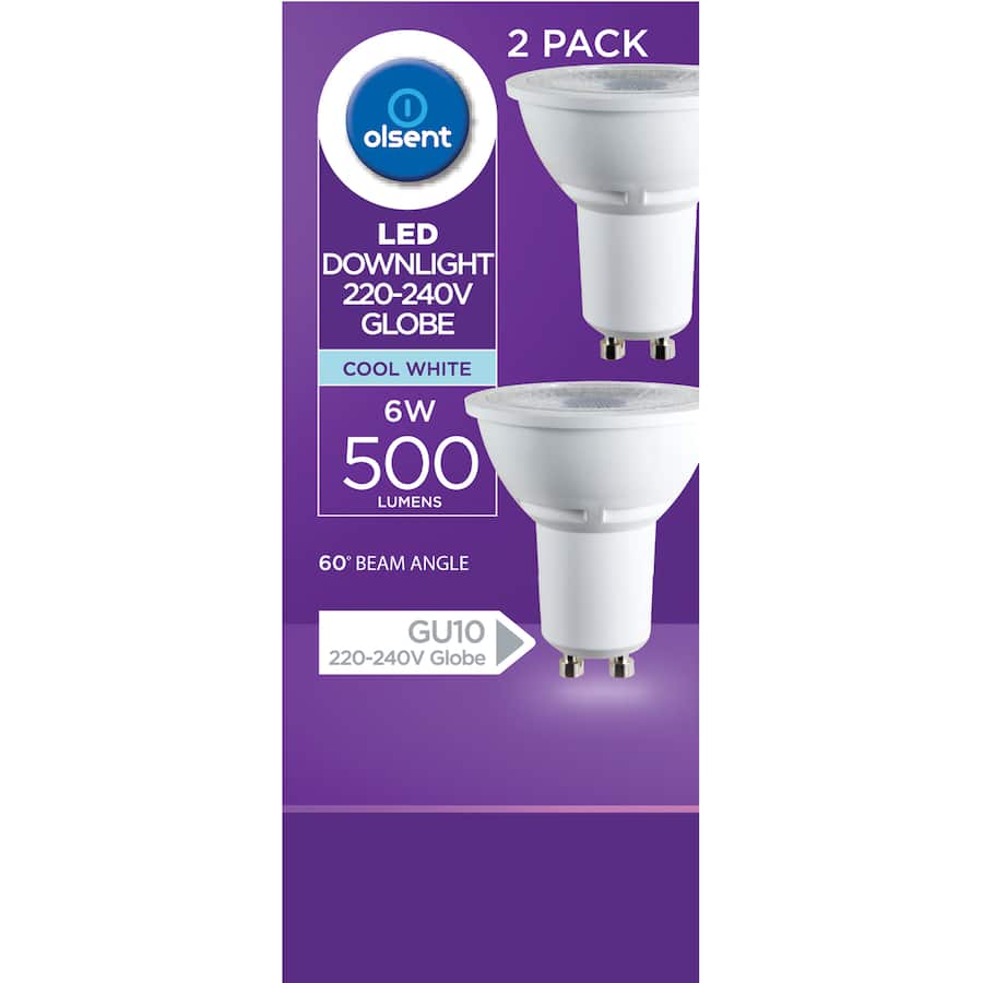 Olsent Down Light Bulb Led Gu10 240v 6w 500lm Cw 2pack