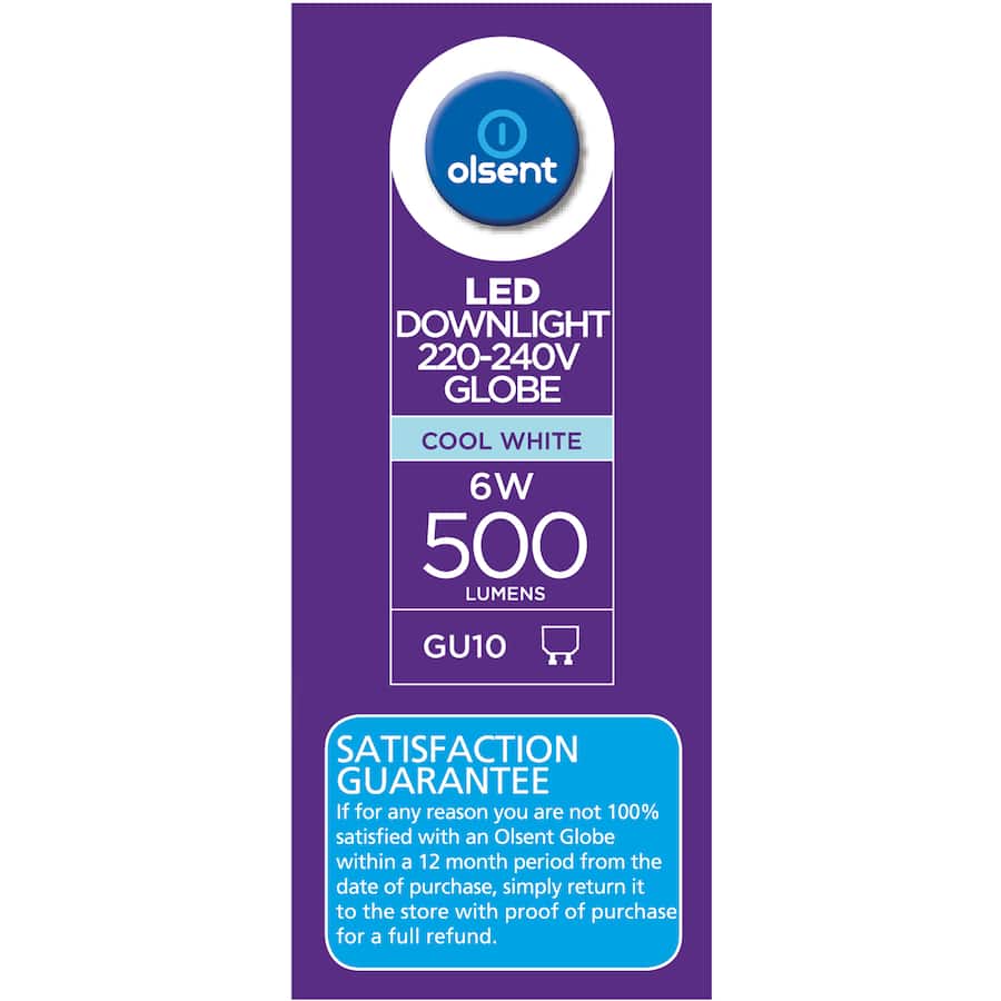 Olsent Down Light Bulb Led Gu10 240v 6w 500lm Cw 2pack