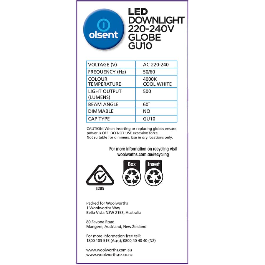 Olsent Down Light Bulb Led Gu10 240v 6w 500lm Cw 2pack