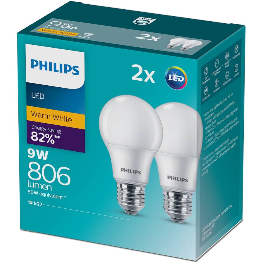 Philips Screw Light Bulb Led 9w 806 Lumen Warm White 2pack